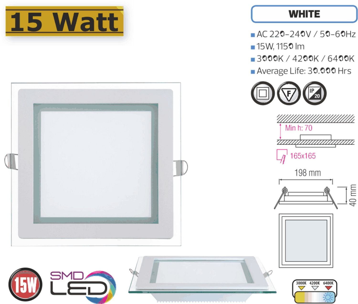 15W LED panel szklany wpuszczany reflektor Ø200x200mm neutralny biały 4200K lampa sufitowa wpuszczana oświetlenie kątowe