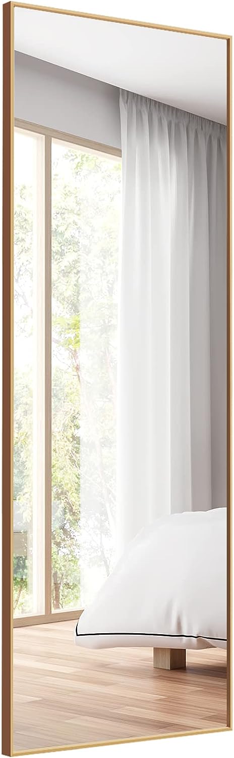 COSTWAY 56 x 150 cm HD pełnowymiarowe lustro do powieszenia lub pochylenia, lustro ścienne stojące lustro garderobiane lustro do sypialni, salonu i przedpokoju (złote)