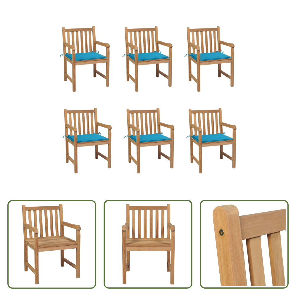 The Living Store krzesła ogrodowe 6 szt. z niebieskimi poduszkami z litego drewna tekowego