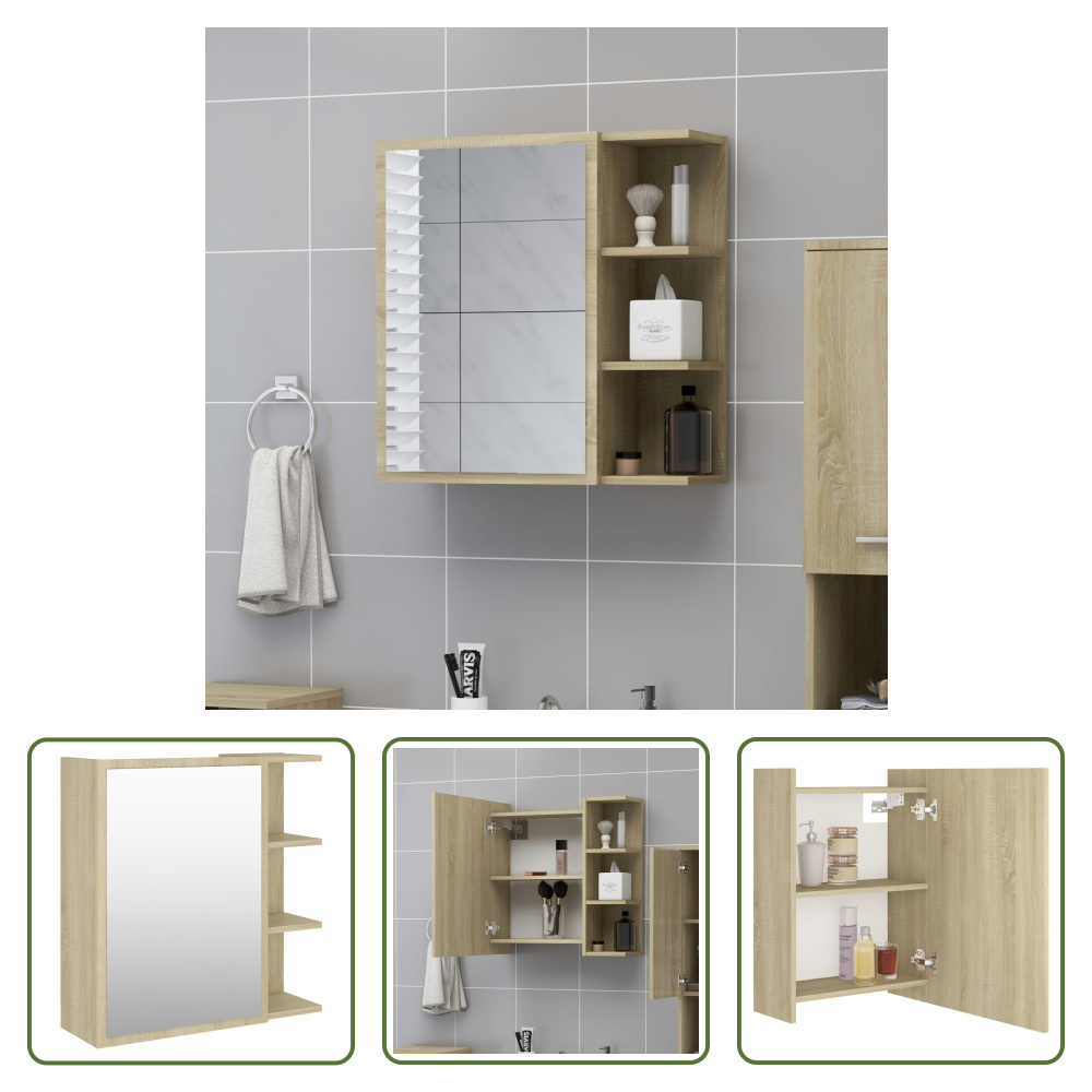The Living Store Szafka łazienkowa z lustrem dąb sonoma 62,5x20,5x64 cm Materiał drewnopochodny