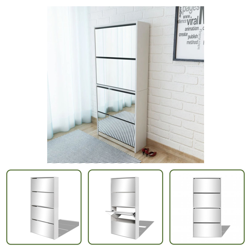 The Living Store Szafka na buty z 4 przegrodami Lustro Biała 63×17×134 cm