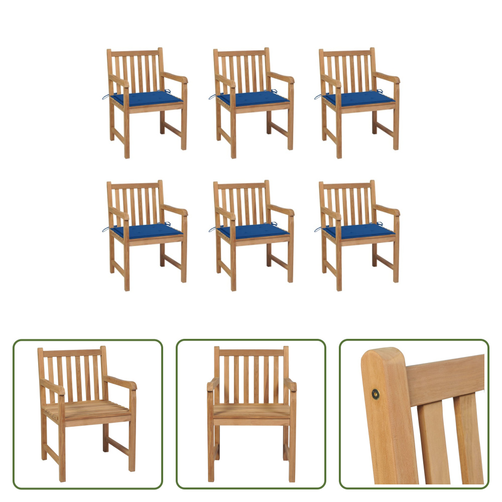 The Living Store krzesła ogrodowe 6 szt. z niebieskimi poduszkami z litego drewna tekowego