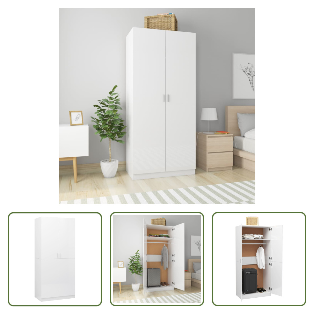 The Living Store Szafa biały wysoki połysk 90x52x200 cm materiał drewnopochodny