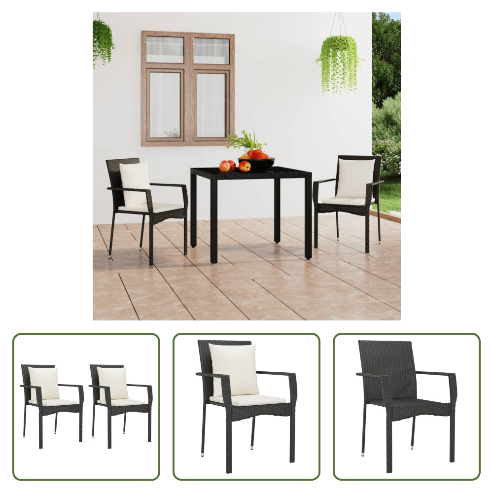 The Living Store Krzesła ogrodowe z poduszką 2 szt. Poli rattan czarny