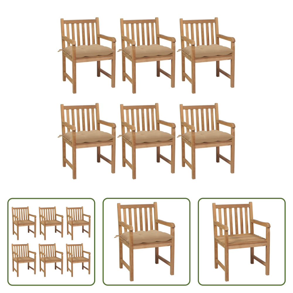 The Living Store krzesła ogrodowe 6 szt. z beżowymi poduszkami z litego drewna tekowego