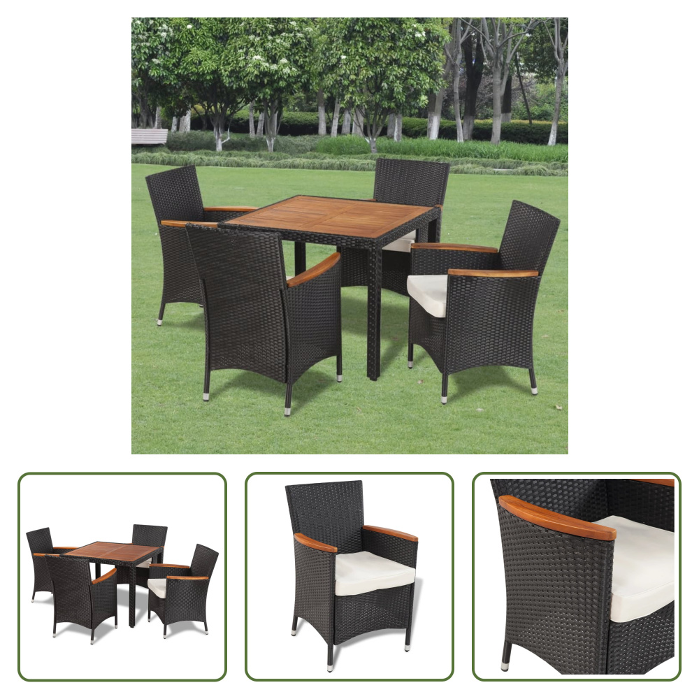 The Living Store 5-częściowy ogrodowy zestaw jadalniany z poduszkami z czarnego polirattanu