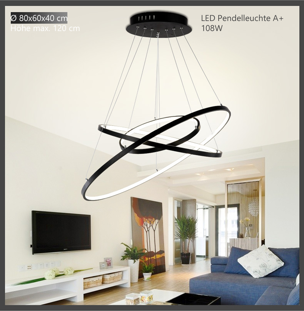 Lampa wisząca LED 2130Black- 3 pierścienie 40*60*80cm 108W z pilotem Regulacja barwy światła/jasności Akrylowy klosz Czarny lakierowany metalowy stelaż