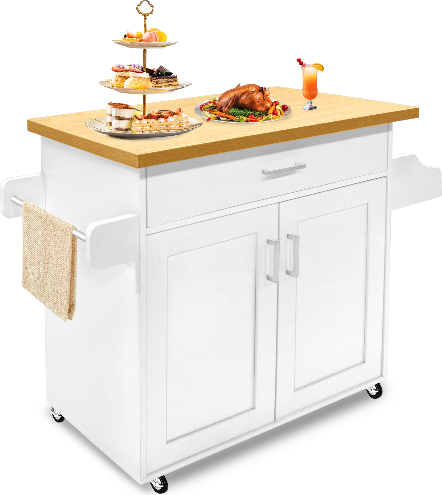 LARS360 Wózek kuchenny na kółkach Wózek do serwowania Mobilne wyspy kuchenne 115 x 36 x 90 cm Szafka kuchenna z szufladą i wieszakiem na ręczniki i przyprawy i blat biały