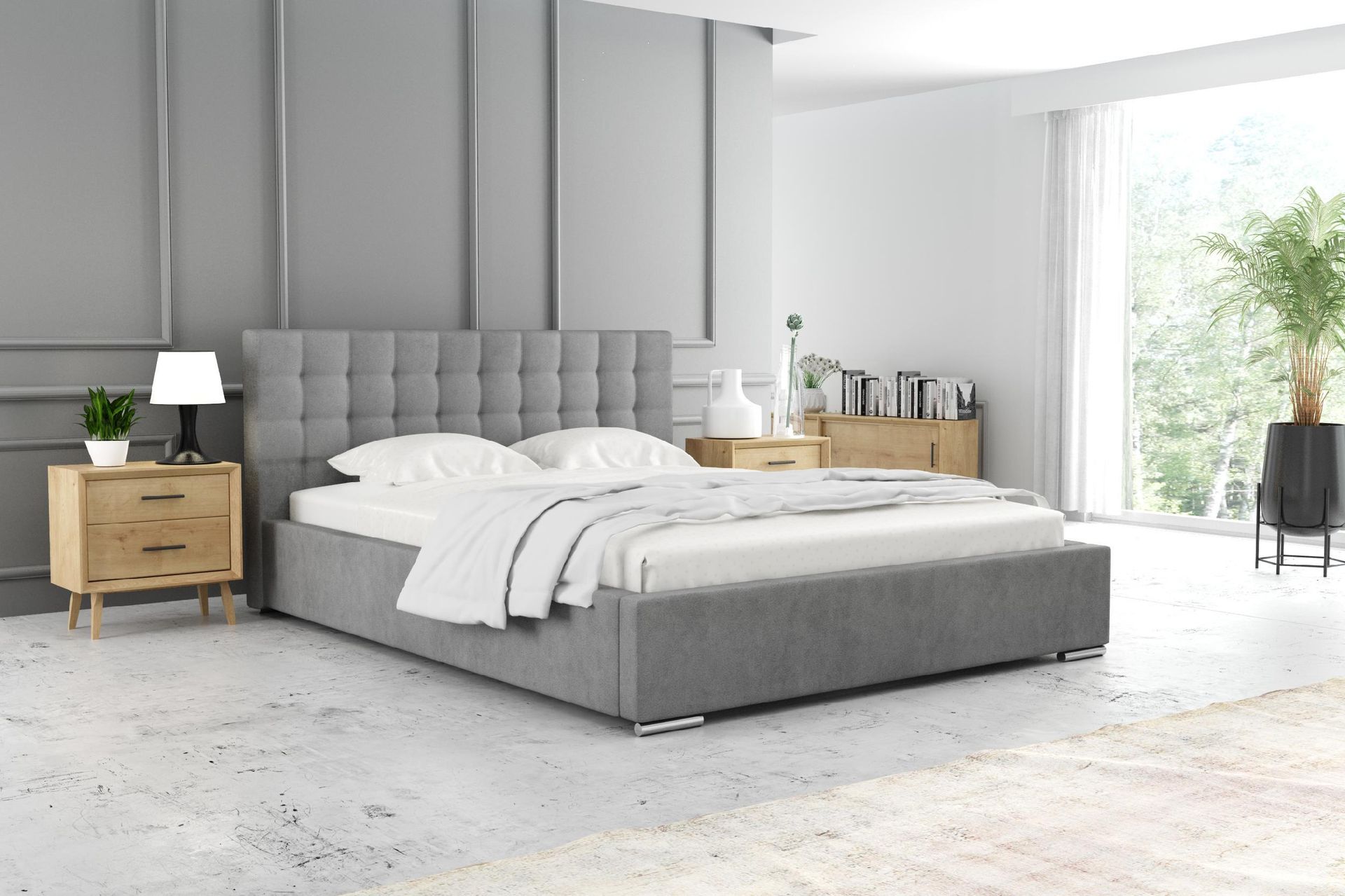 ADIDAR Frieda łóżko tapicerowane 200x200cm metalowa rama z podnośnikami hydraulicznymi stelaż listwowy podstawa łóżka Premium Design (jasnoszary - Inari 91)