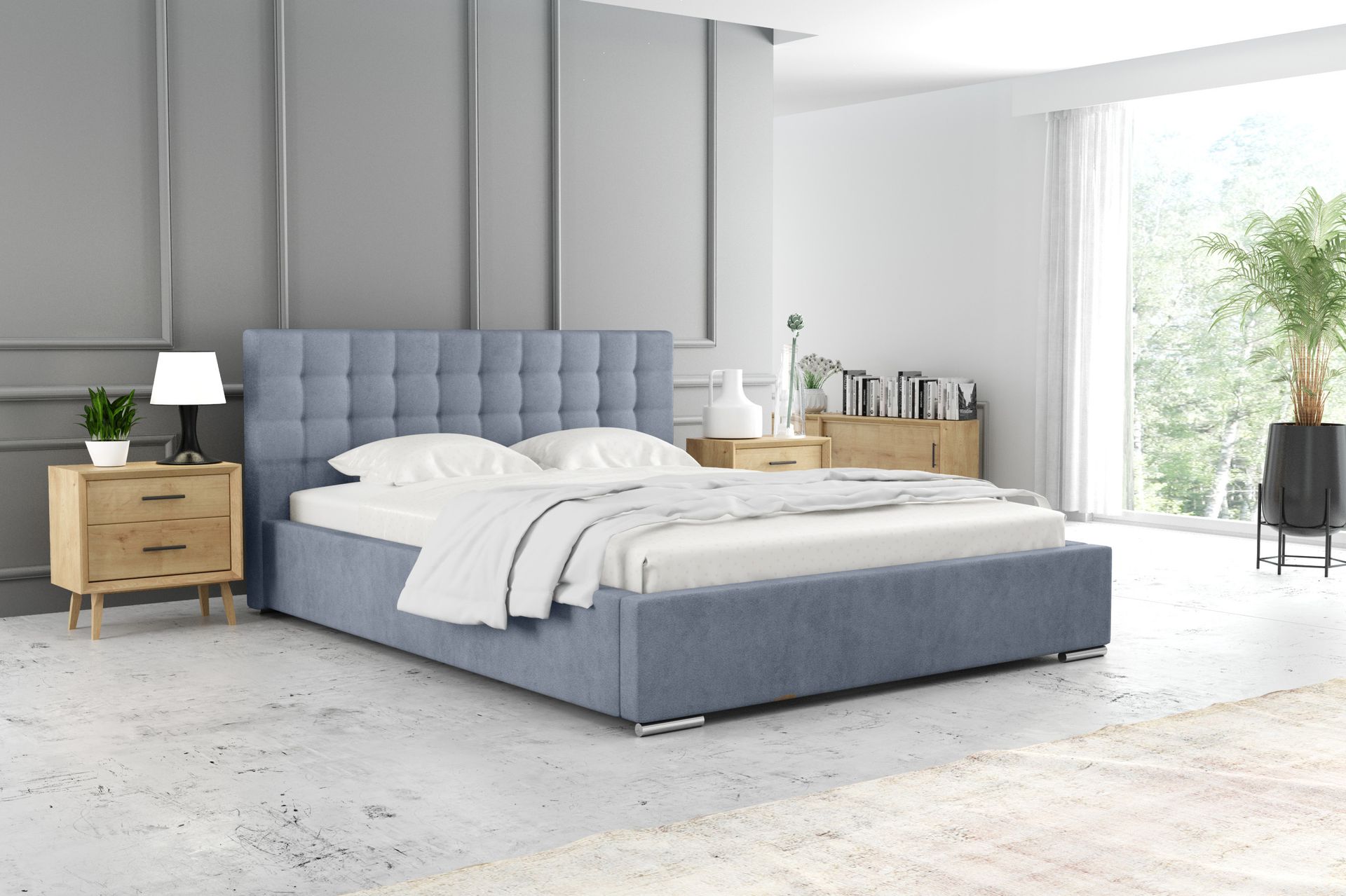 ADIDAR Frieda łóżko tapicerowane 180x200cm metalowa rama z podnośnikami hydraulicznymi stelaż listwowy podstawa łóżka Premium Design (Niebieski - Inari 72)