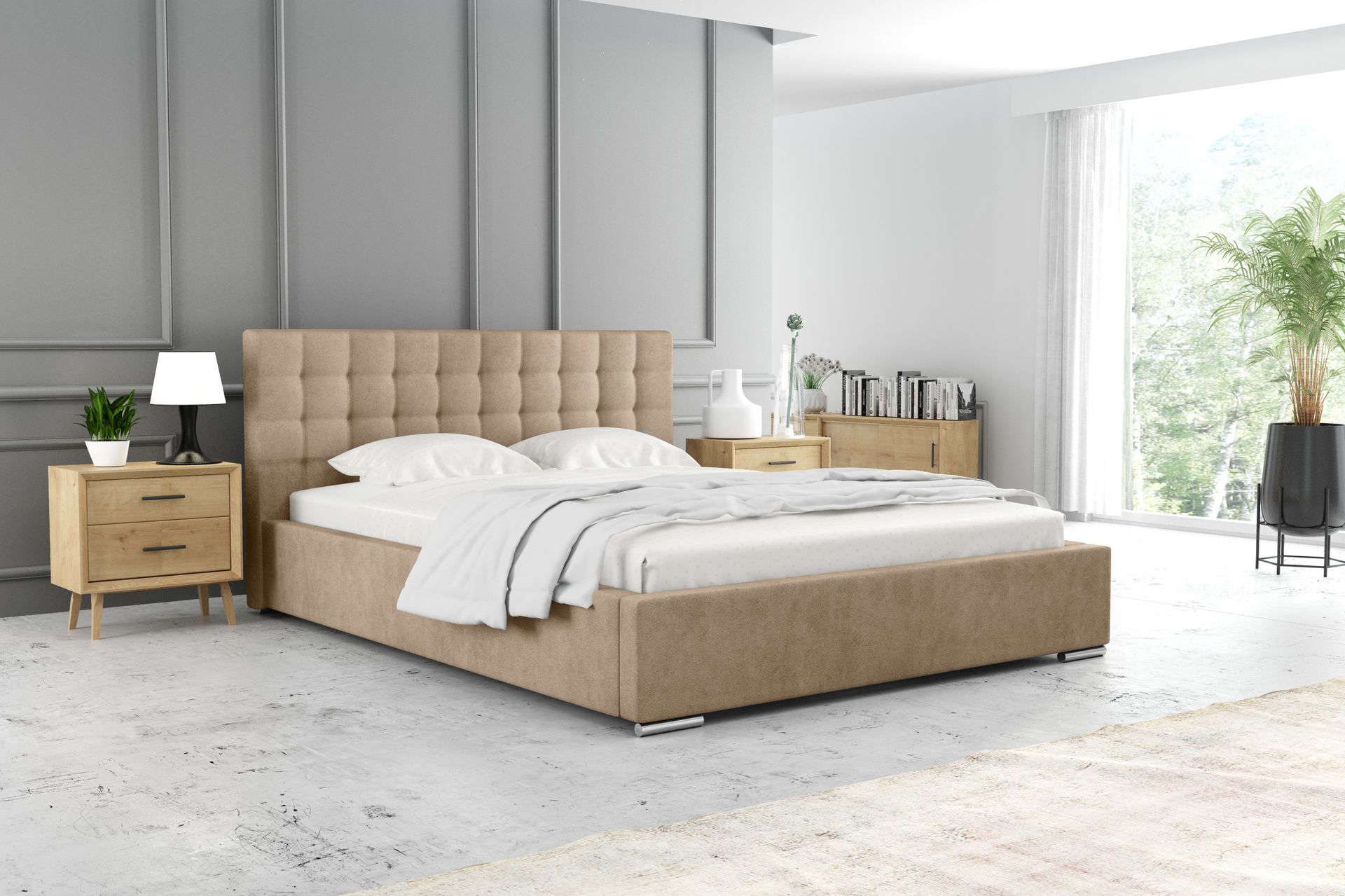 ADIDAR Frieda łóżko tapicerowane 160x200cm metalowa rama z podnośnikami hydraulicznymi stelaż listwowy podstawa łóżka Premium Design (Miodowy - Inari 45)