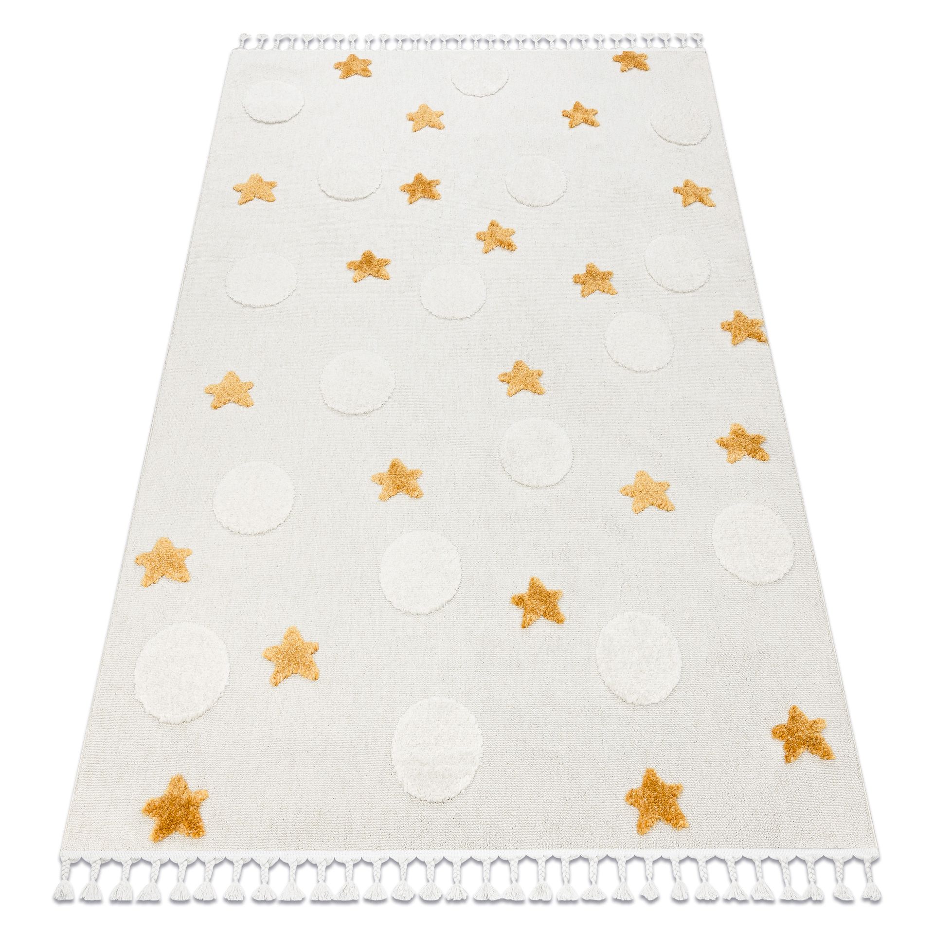 Dywan YOYO GD75 biały / pomarańczowy - Gwiazdki, koła dla dzieci, strukturalny, sensoryczny Frędzle beżowy 200x290 cm