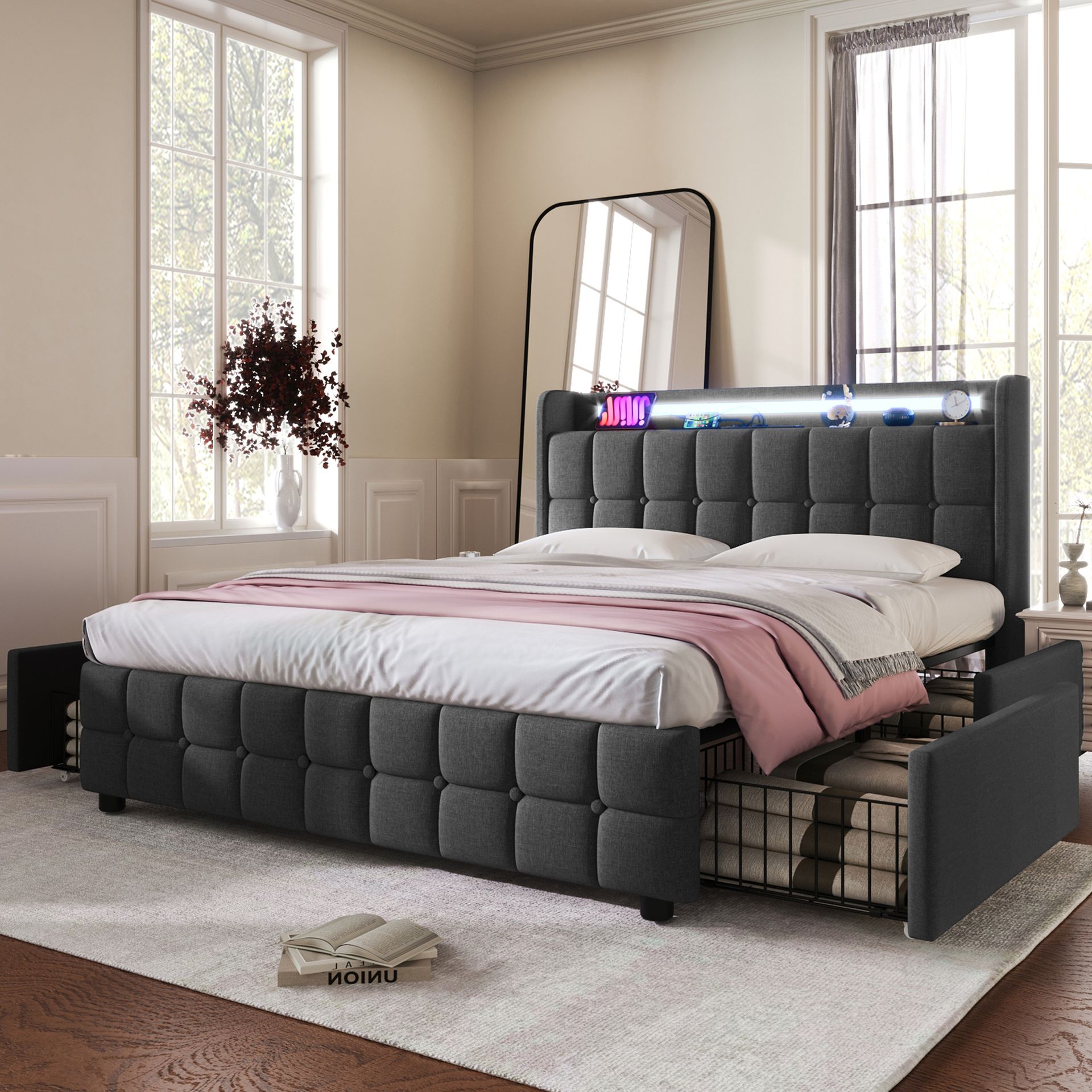 Łóżko tapicerowane Flieks 180x200 cm z USB i gniazdkami, łóżko młodzieżowe dwuosobowe z 4 szufladami, łóżko do przechowywania z litego drewna z diodami LED i stelażem z listew, pościel, szary