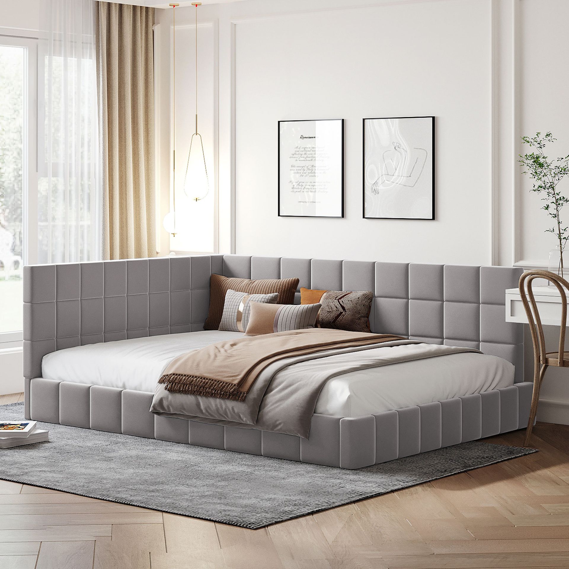Łóżko tapicerowane Flieks 140x200 cm ze stelażem z listew, rozkładana sofa z regulowanym oparciem, łóżko podwójne, łóżko gościnne, łóżko młodzieżowe, aksamit, szary