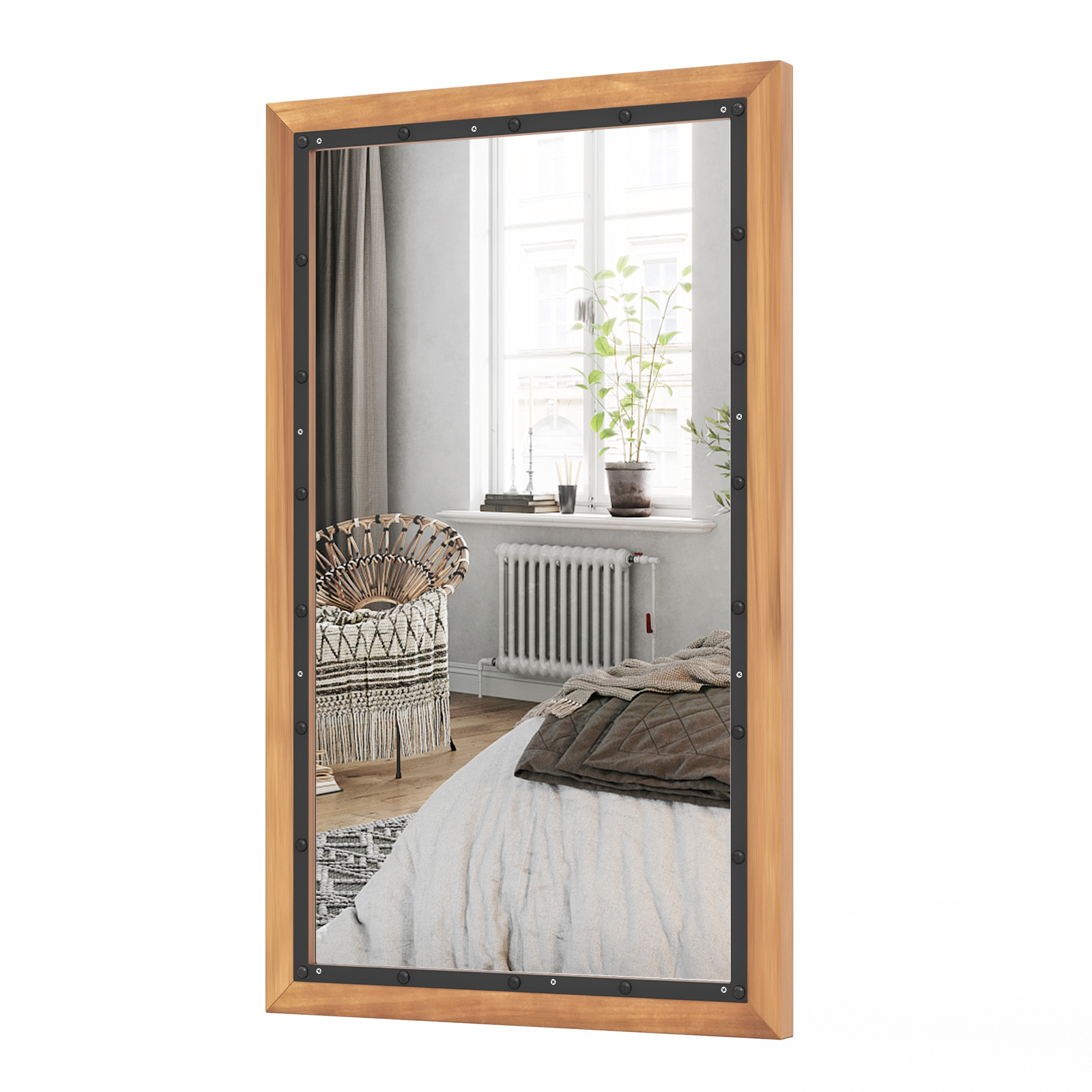 COSTWAY prostokątne lustro z drewnianą ramą, 55 x 90 cm, rustykalne lustro ścienne, nietłukące lustro wiszące,Replika acyjne drewniane lustro z haczykiem, brązowe