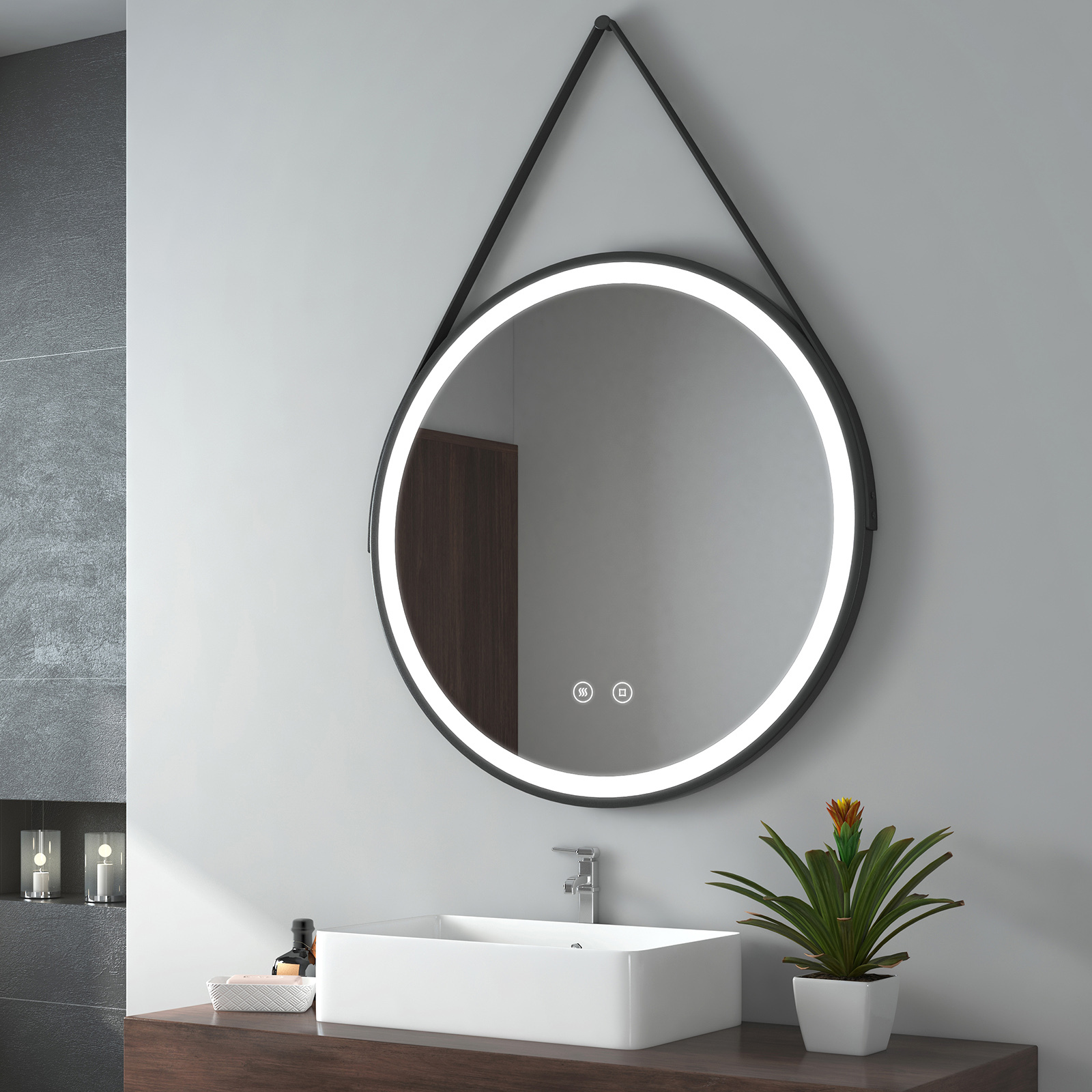 EMKE Lustro łazienkowe LED okrągłe o średnicy 80 cm Lustro łazienkowe LED z oświetleniem zimna biel podświetlane lustro ścienne z funkcją przeciwmgielną i włącznikiem dotykowym IP44 energooszczędne (czarny design)
