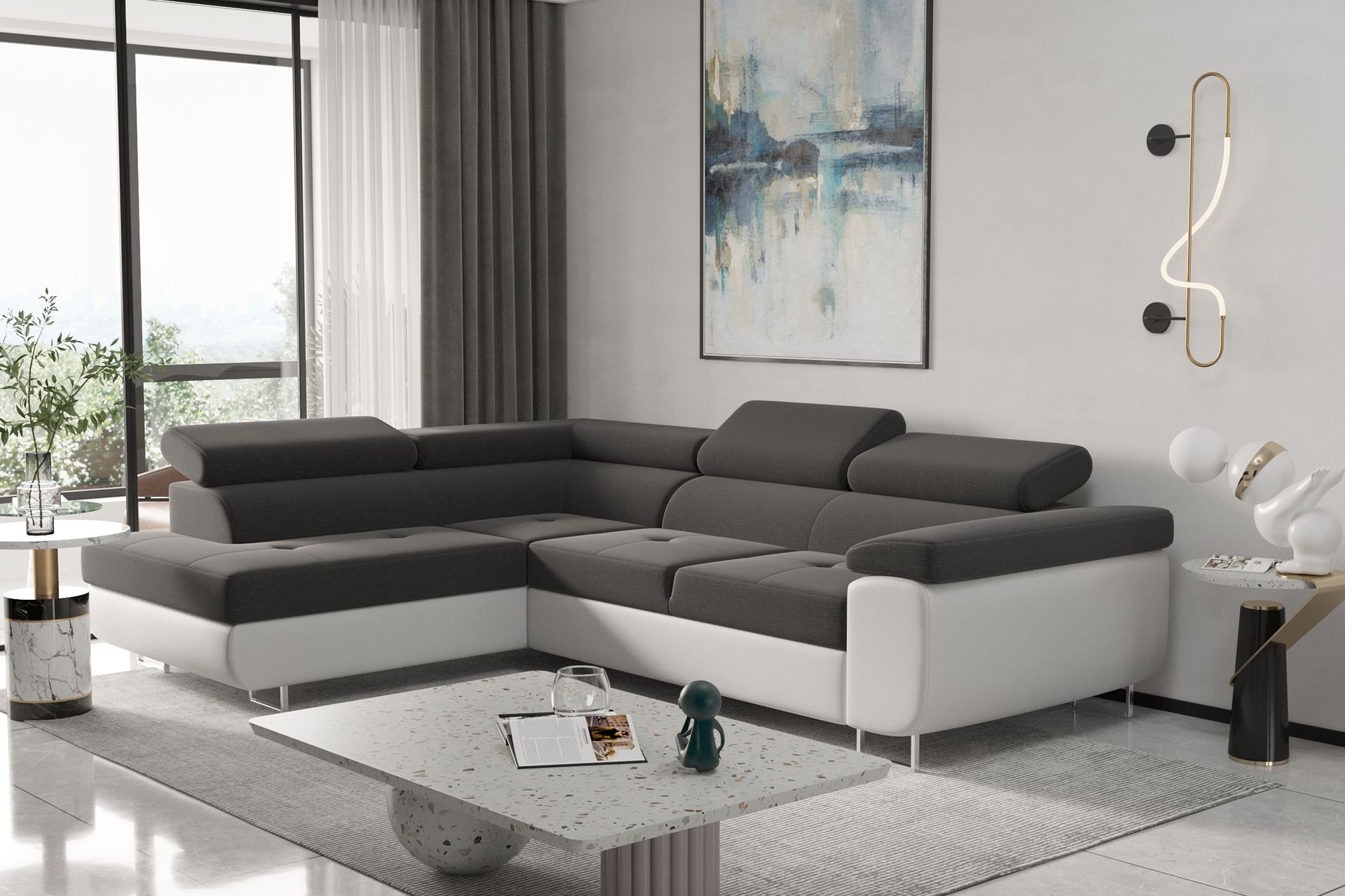 Narożnik z funkcją spania i pojemnikiem na pościel w kształcie litery L - RUDEN - wiele kolorów Biały+Szary Prawy