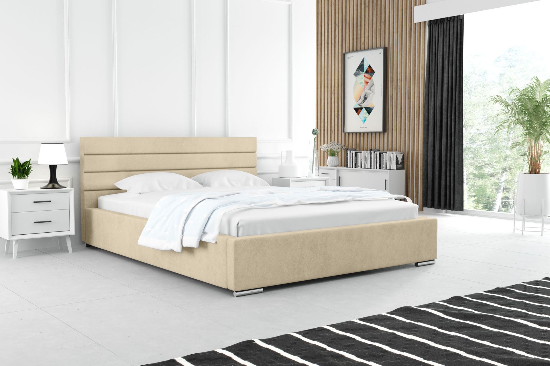 ADIDAR Noah łóżko tapicerowane 180x200cm podwójne - drewniana rama z podstawą łóżka i stelażem listwowym - Premium (Beżowy - Paros 01)