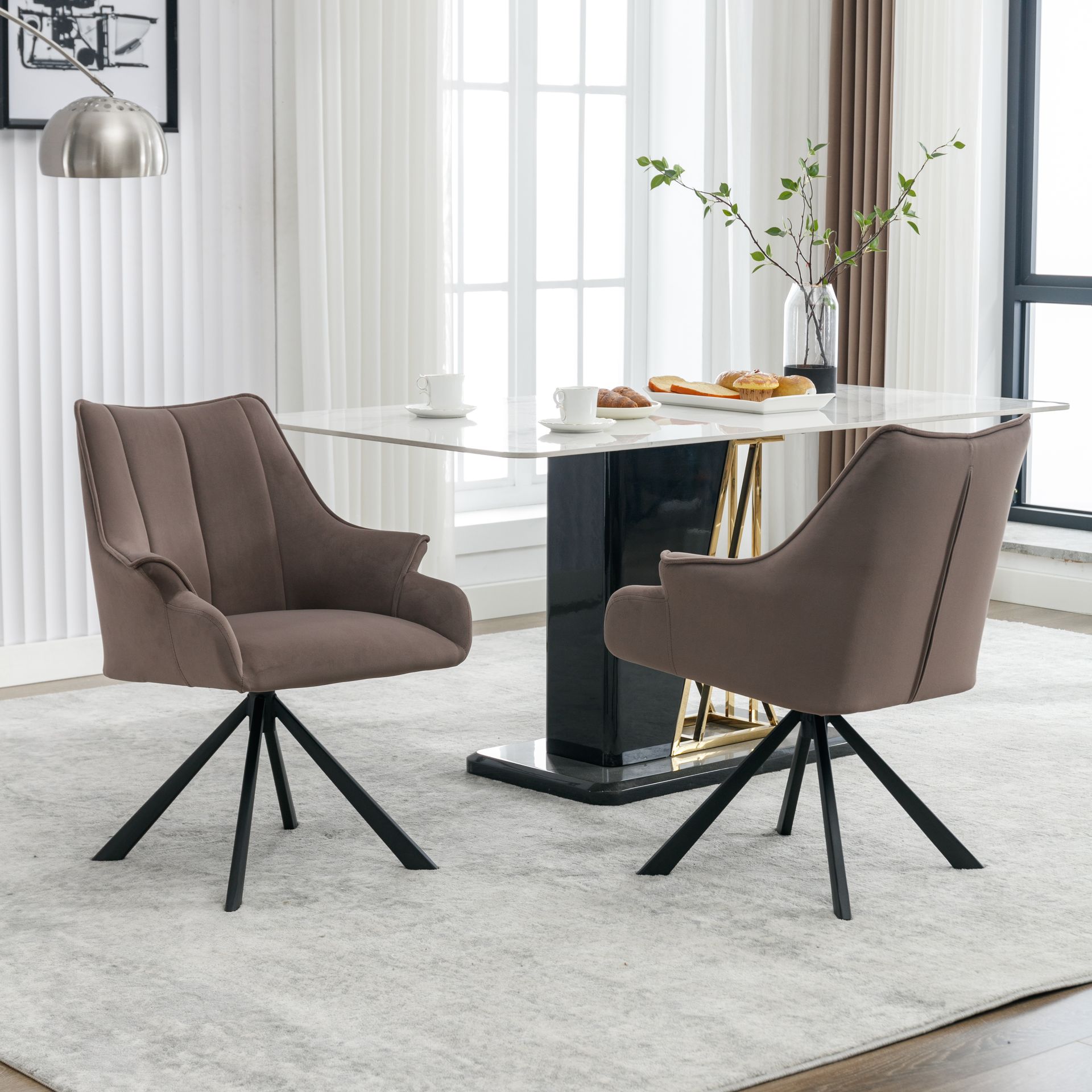 Krzesło do jadalni Flieks zestaw 2 krzeseł obrotowych z metalowymi nogami, tapicerowane krzesło obrotowe 360°, krzesło do salonu, krzesło kuchenne, aksamitne pokrycie, kawowy brąz