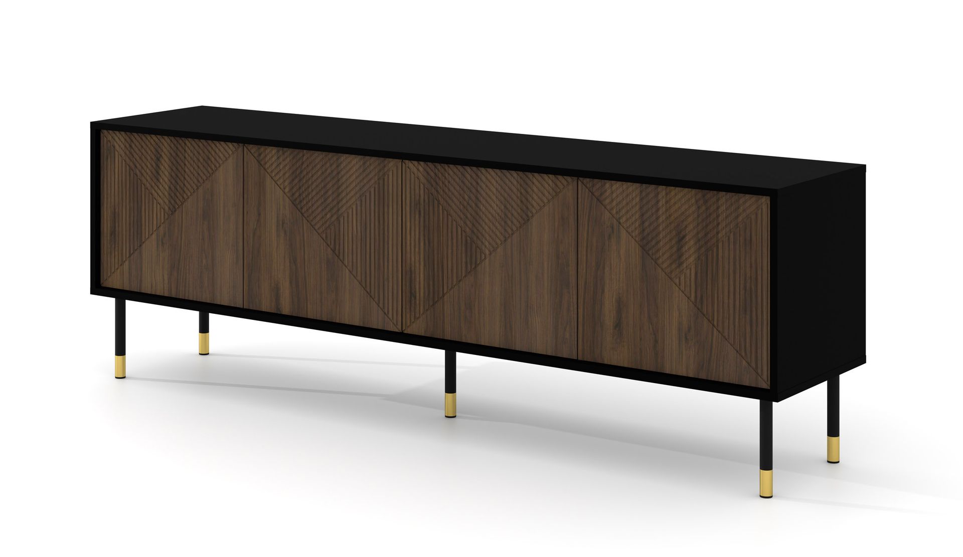 Szafka RTV WOODY IV 4D 180 cm CZARNY MAT / DĄB CATANIA frezowane fronty MDF niska płyta na nóżkach kredens komoda stolik hi-fi stolik pod telewizor