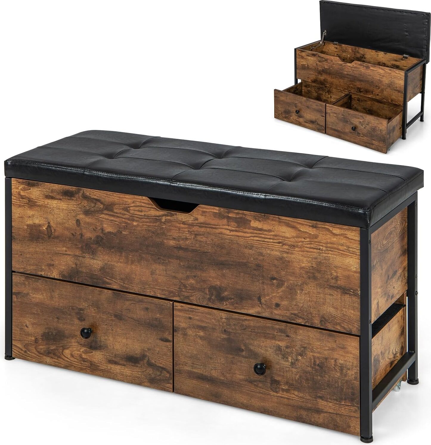 Ławka na buty COSTWAY z siedziskiem, tapicerowana ławka z 2 szufladami, regulowanymi podnóżkami i kółkami, półka na buty na zawiasach z miejscem do przechowywania, nośność 150 kg, 101 x 41 x 58 cm