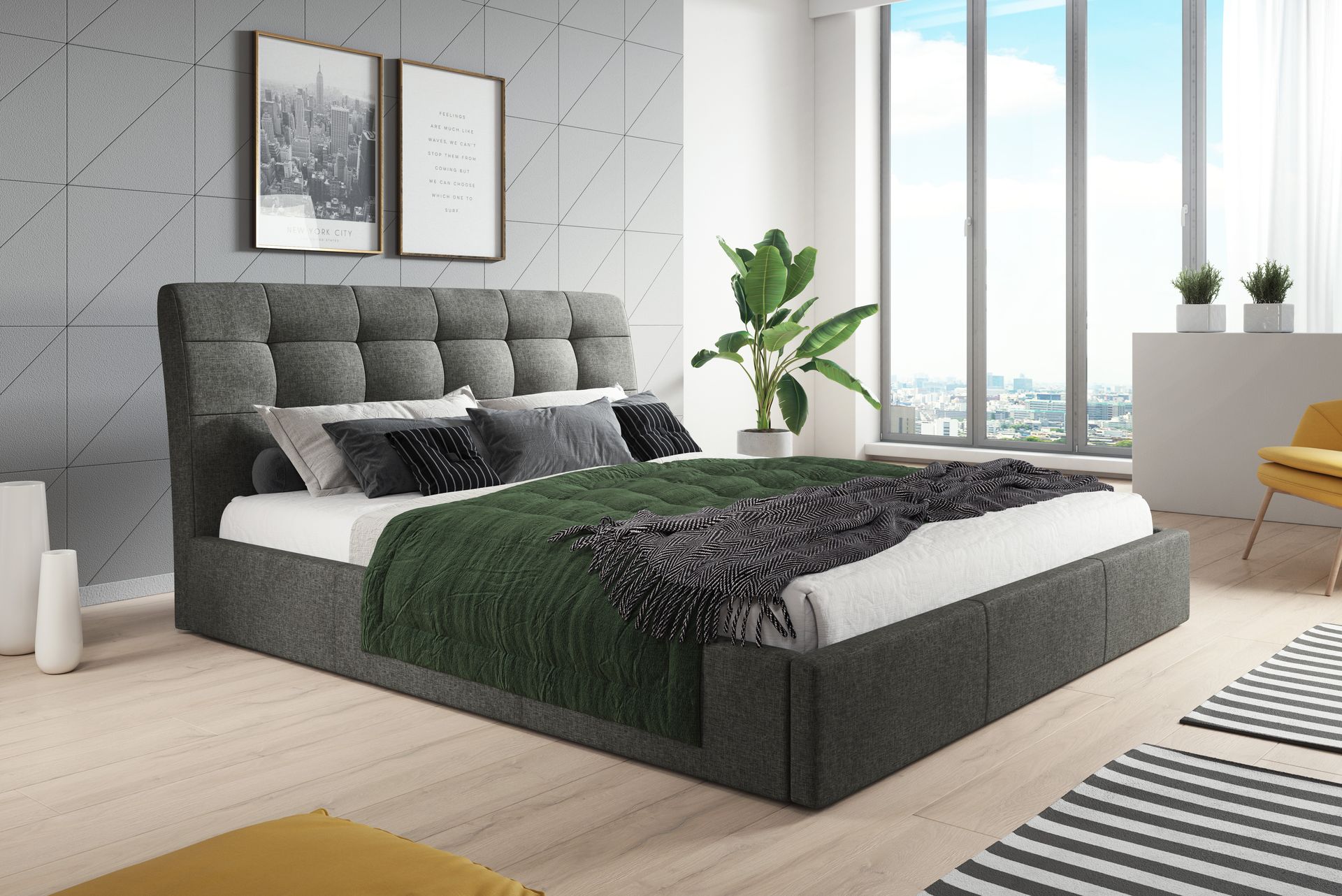 Łóżko tapicerowane 90x200 z szarej tkaniny, z drewnianą ramą z listew i miejscem do przechowywania