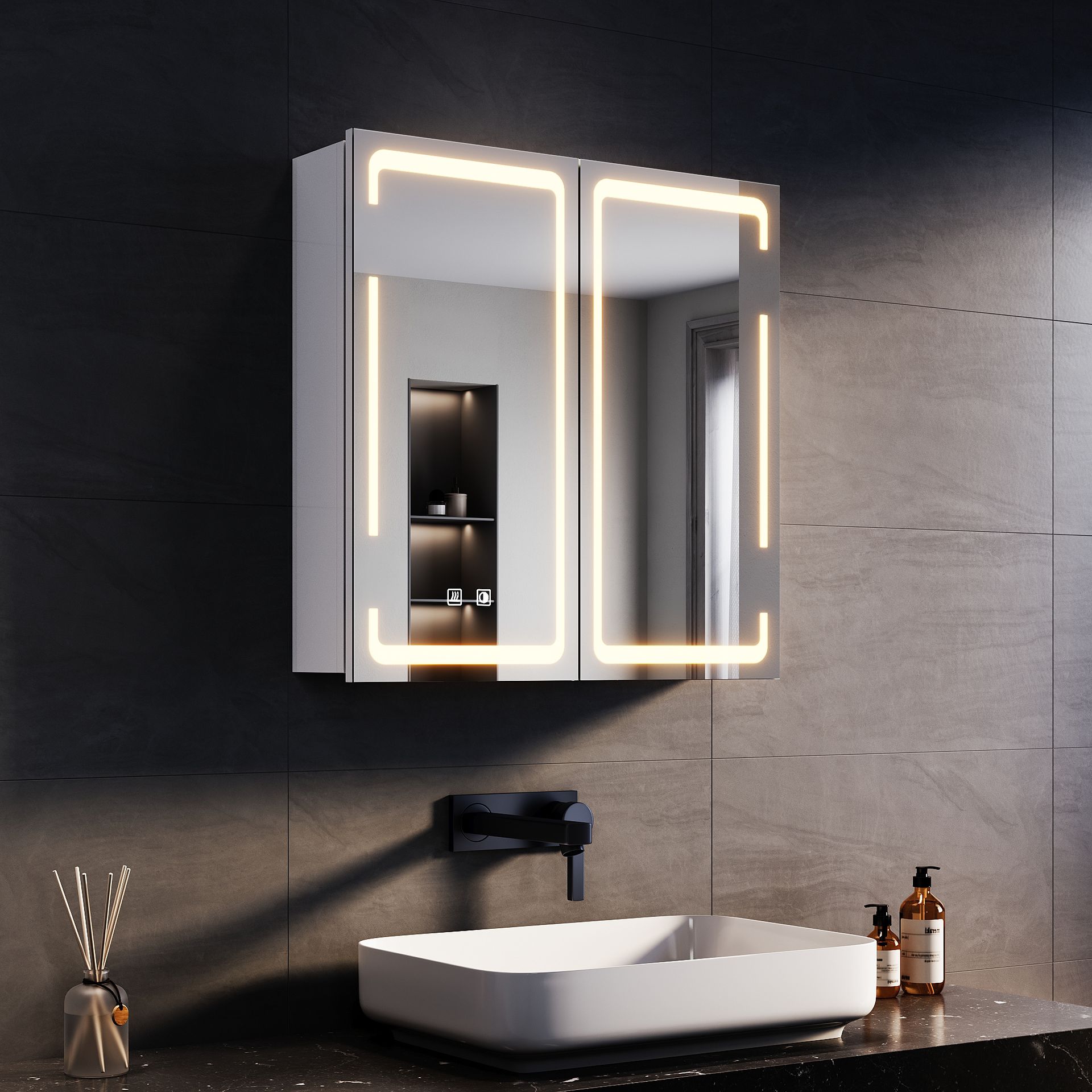 SONNI Metalowa szafka lustrzana z oświetleniem LED 59x60x14 cm, ściemnialny przełącznik dwudotykowy, 2 drzwi, bezprzewodowa konstrukcja zawiasów Szafka ścienna, szafka łazienkowa, gniazdo golarki, regulowane przegrody