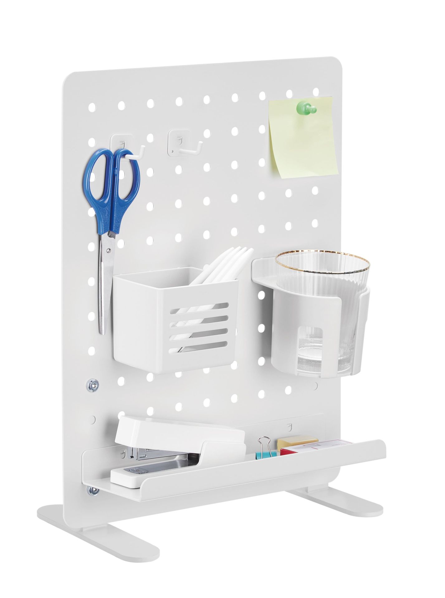 Spacetronik - Organizer biurkowy z blachy perforowanej - Organizer biurowy na słuchawki - Organizer biurkowy na akcesoria - Uchwyt na biurko - Perforowane akcesoria ścienne - 42 cm x 33,2 cm - Biały