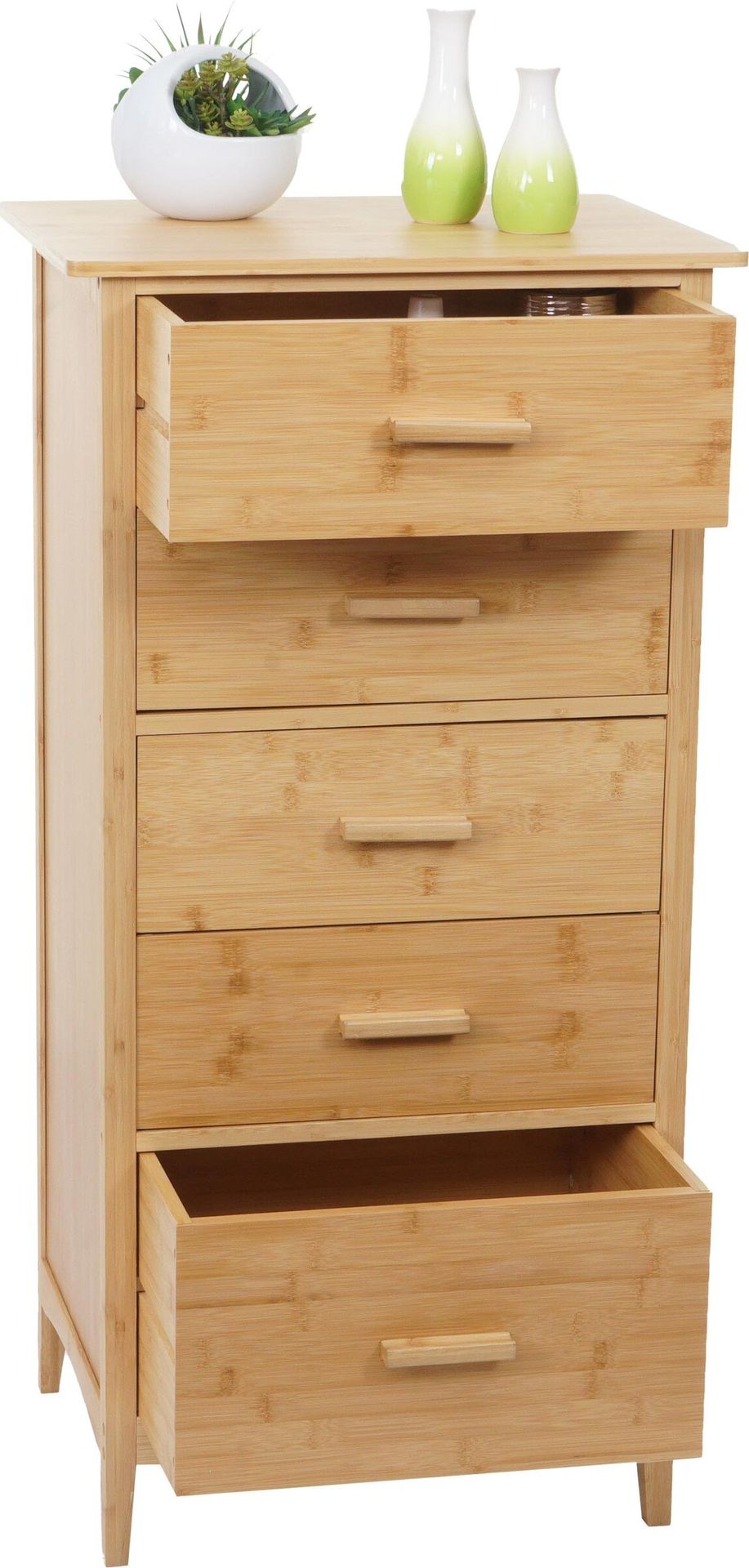 Bambusowa komoda HWC-M24, szafka łazienkowa kredens szafka łazienkowa półka, 5 szuflad, 100x50x40cm