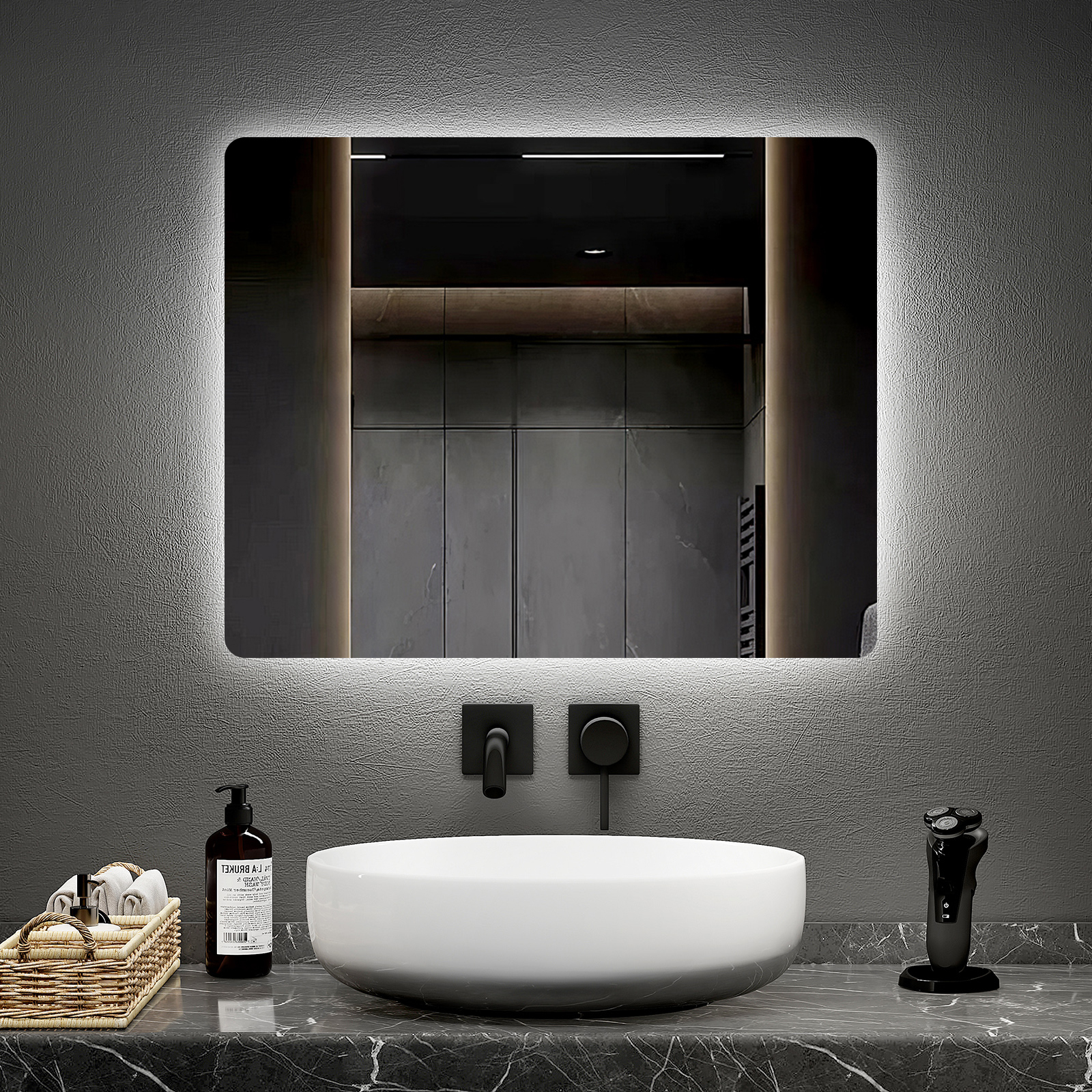 Lustro łazienkowe EMKE z oświetleniem LED Lustro ścienne z przełącznikiem dotykowym i bezmgielne, lustro łazienkowe 50x60 cm z 2 kolorami światła, energooszczędne IP44