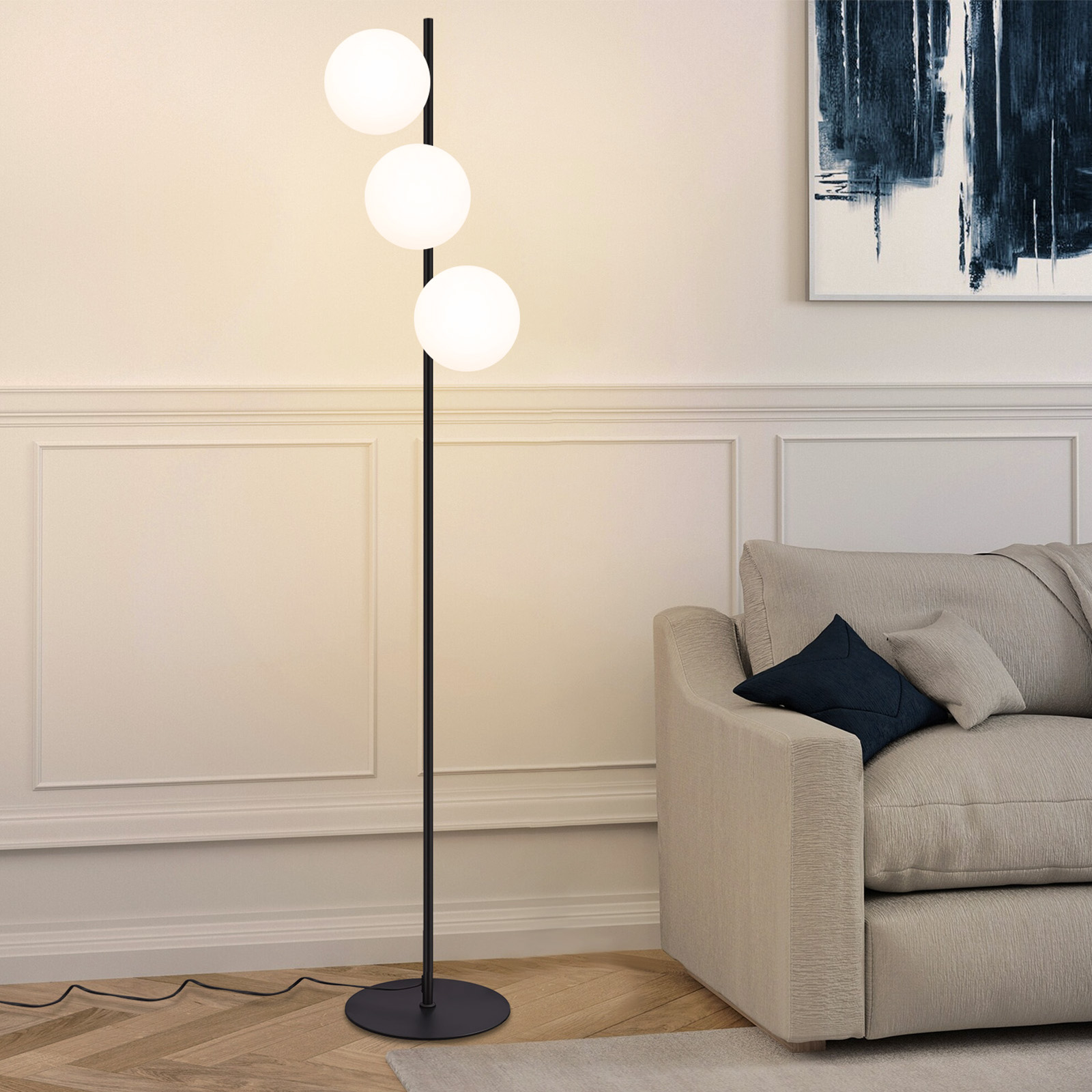 ZMH Lampa Podłogowa Czarna 3 Płomienna Nowoczesna Lampa Podłogowa E27 Vintage Lampa Podłogowa Z Białymi Szklanymi Kloszami Przełącznik Nóżkowy Metalowa Do Salonu Sypialni Biura