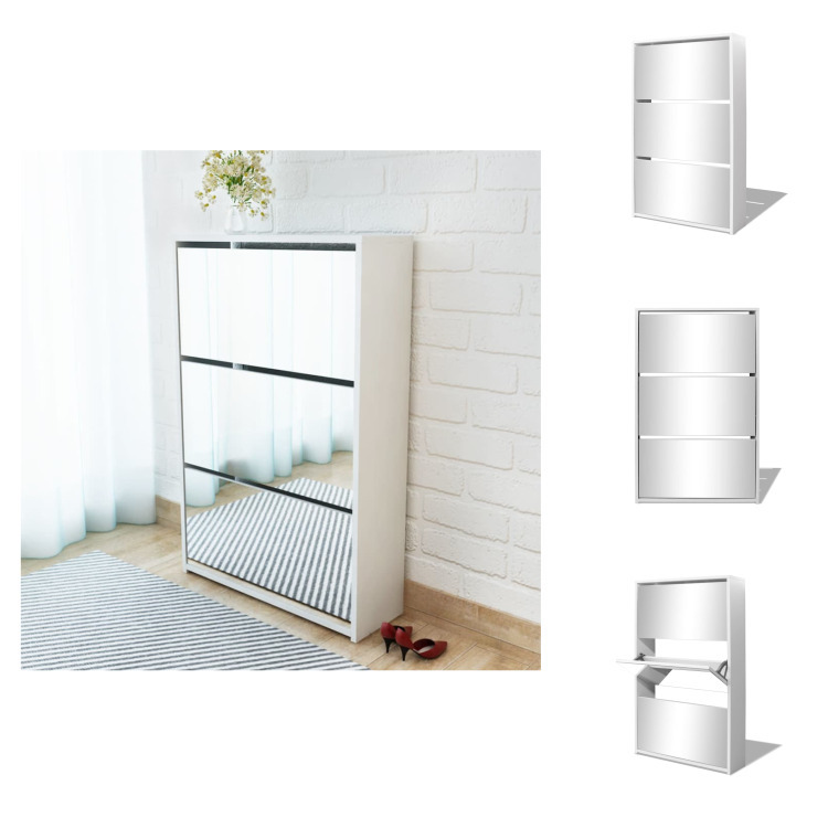 vidaXL Szafka na buty z 3 przegrodami z lustrem biała 63x17x102,5 cm - Półki i szafki na buty