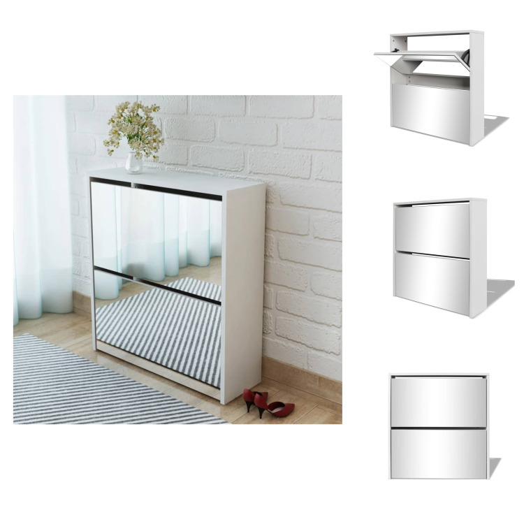 vidaXL Szafka na buty z 2 przegrodami z lustrem biała 63x17x67 cm - Półki i szafki na buty