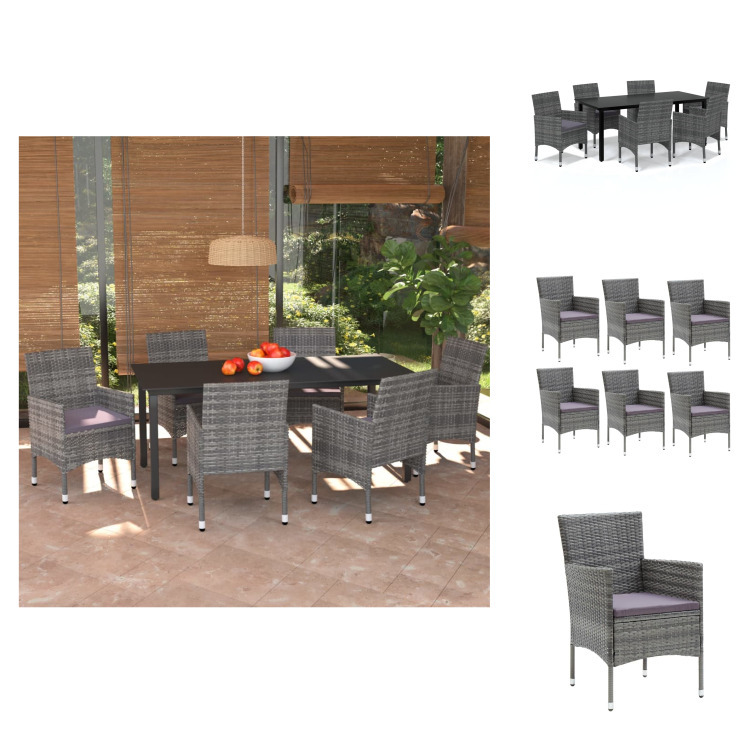 vidaXL 7-częściowy ogrodowy zestaw jadalniany z poduszkami z szarego rattanu - Zestawy mebli ogrodowych