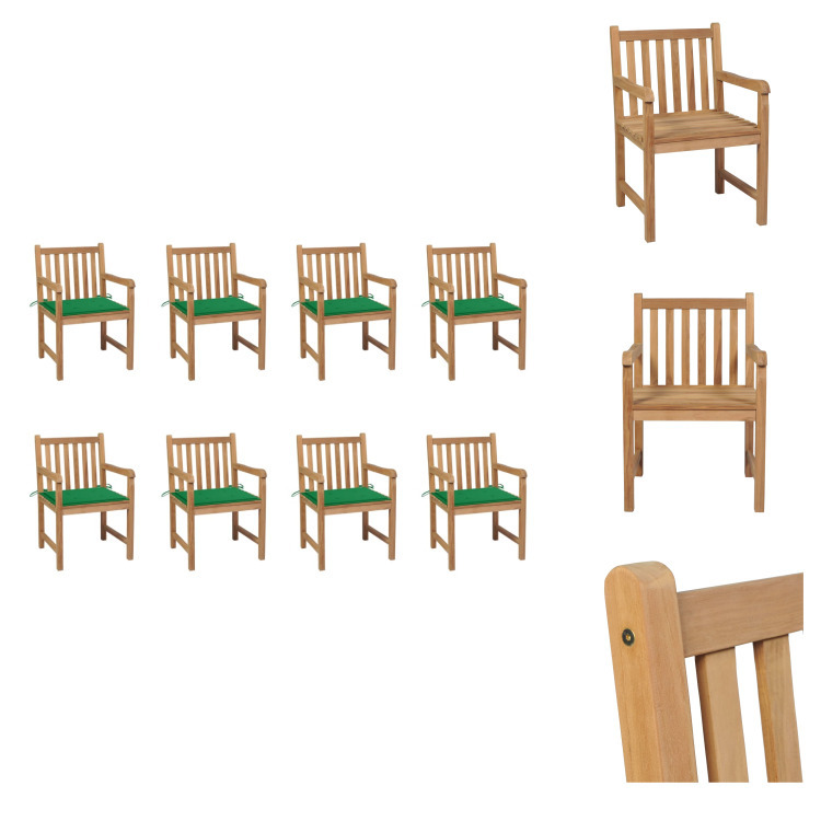 vidaXL Krzesła ogrodowe 8 szt. z zielonymi poduszkami z litego drewna tekowego - Krzesła ogrodowe