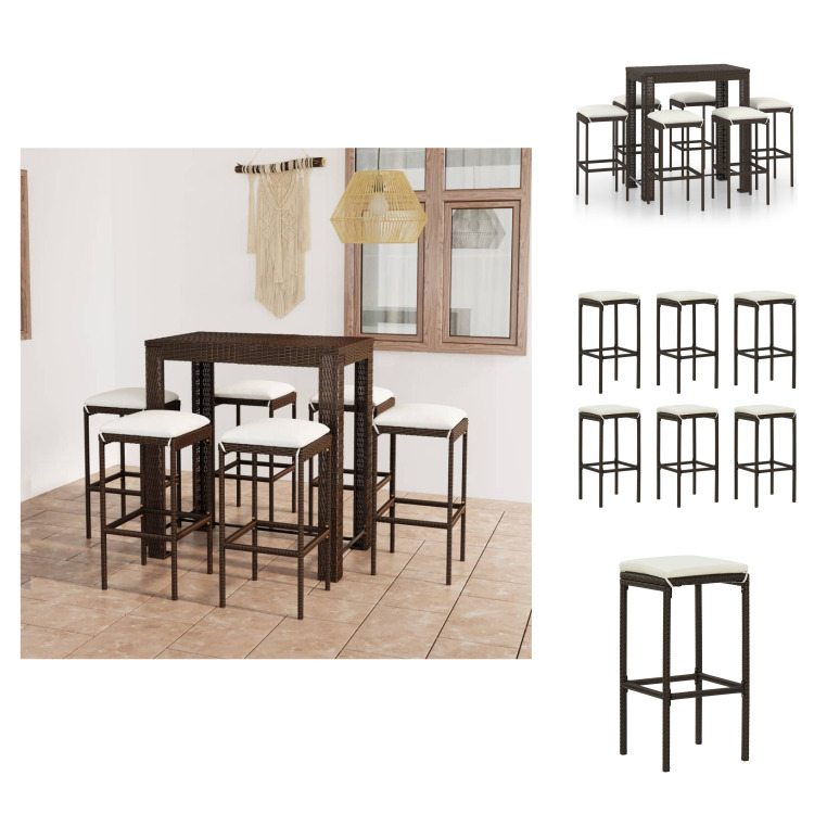 vidaXL 7-częściowy ogrodowy zestaw barowy z poduszkami z polirattanu brązowy - Zestawy mebli ogrodowych