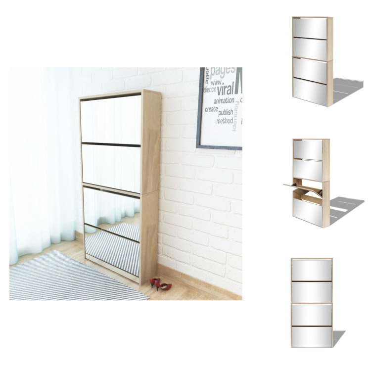 vidaXL Szafka na buty z 4 przegrodami lustro dąb 63×17×134 cm - Półki i szafki na buty