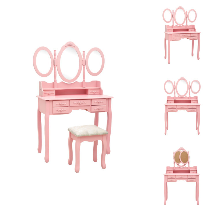 vidaXL Toaletka z taboretem i potrójnym lustrem różowa - Toaletki