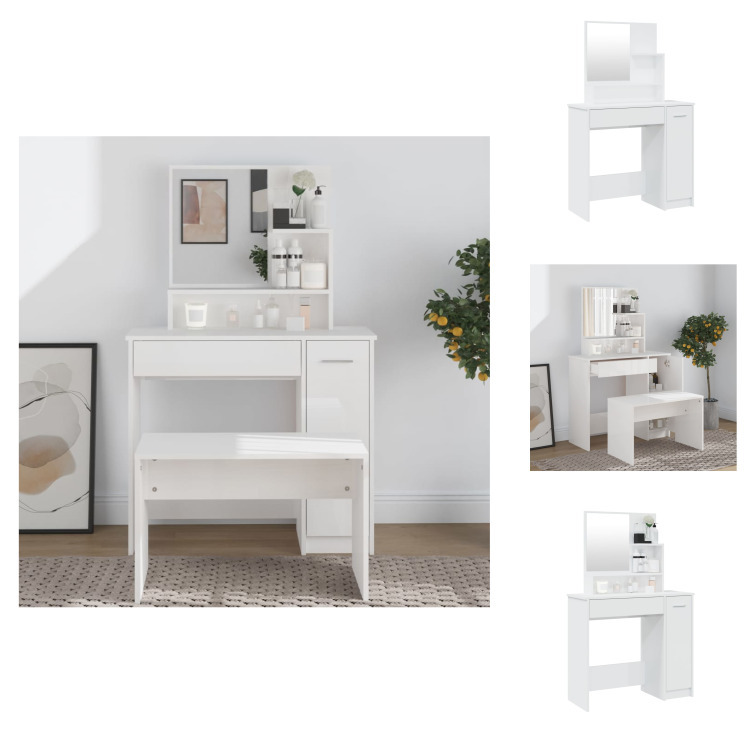 vidaXL Toaletka z lustrem biały wysoki połysk 86,5x35x136 cm - Toaletki