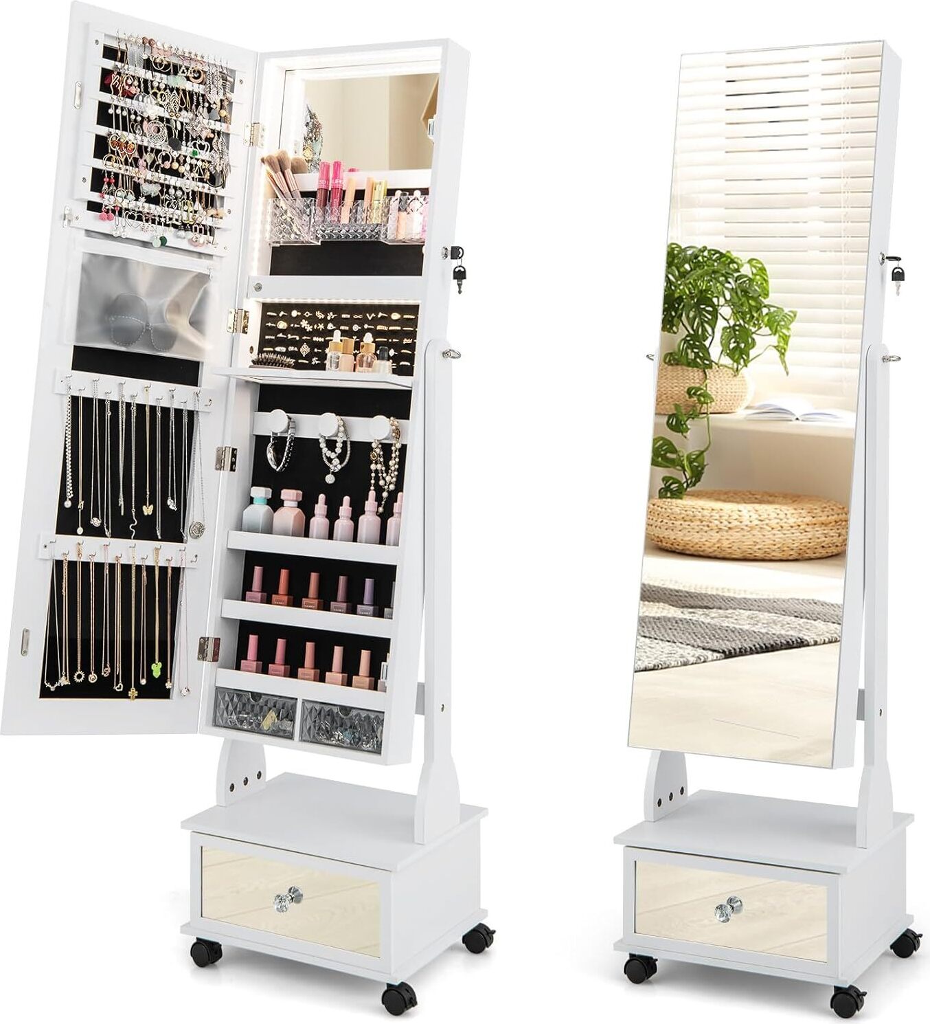 COSTWAY Szafka na biżuterię z 3 lustrami, regulowane lustro na biżuterię z szufladą, kółkami i oświetleniem, zamykana 42x35x159cm (biała)