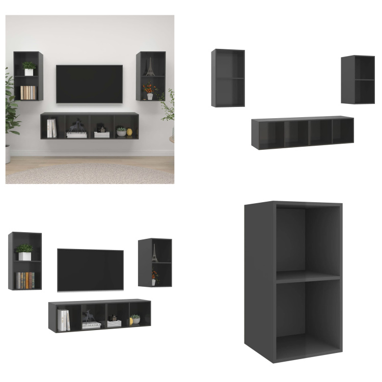 vidaXL Szafki wiszące pod TV 4 szt. Szary materiał drewnopochodny o wysokim połysku - Szafka pod TV - Szafki pod TV - Wisząca szafka pod TV - Wiszące szafki pod TV