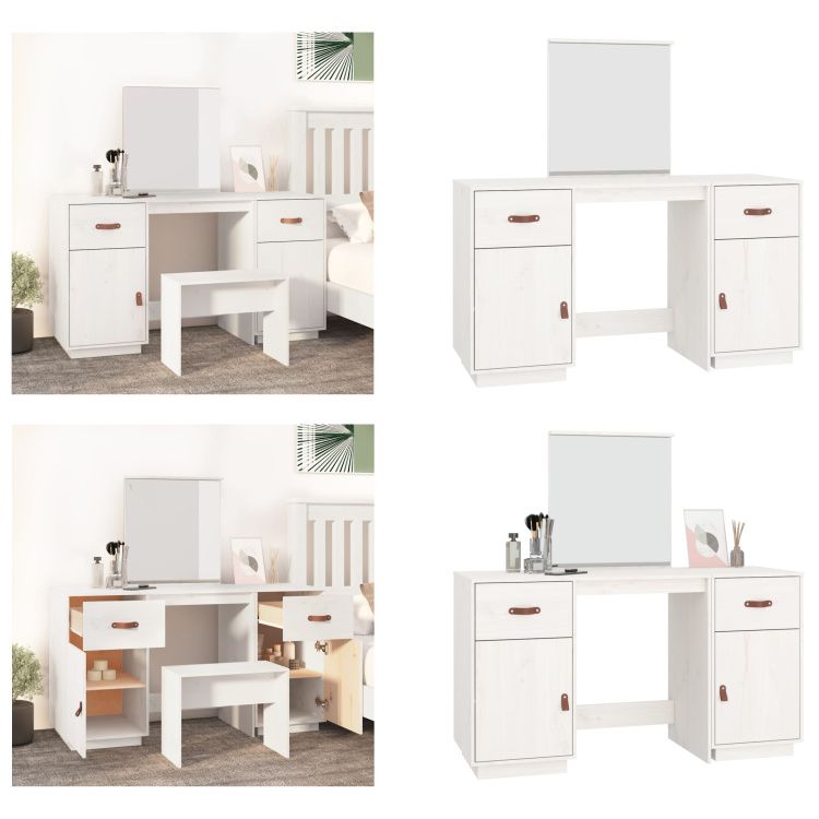 vidaXL Toaletka z lustrem sosnowa biała - Toaletka - Stolik do makijażu - Stolik kosmetyczny - Toaletka