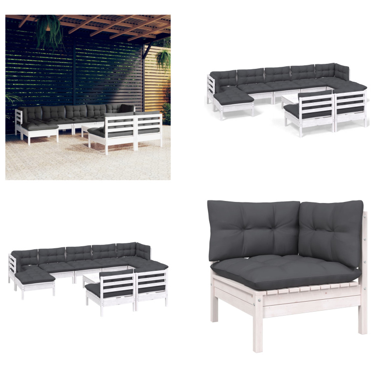 vidaXL 10-częściowy zestaw wypoczynkowy do ogrodu z poduszkami białe drewno sosnowe - Zestaw wypoczynkowy do ogrodu - Zestawy wypoczynkowe do ogrodu - Zestaw mebli ogrodowych - Zestawy mebli ogrodowych