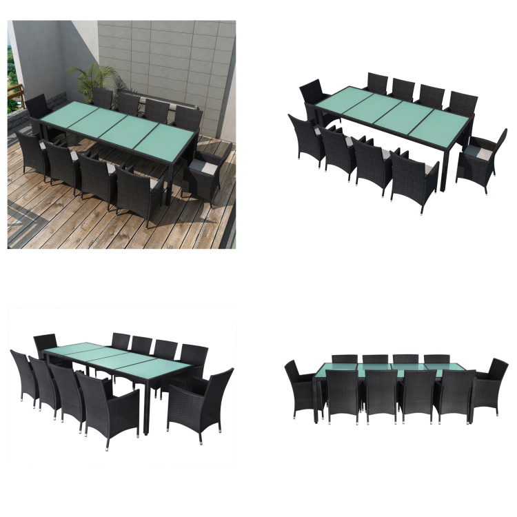 vidaXL 11-częściowy ogrodowy zestaw jadalniany z poduszkami z czarnego rattanu - Zestaw mebli ogrodowych - Zestawy mebli ogrodowych - Stół i krzesła ogrodowe - Stoły i krzesła ogrodowe