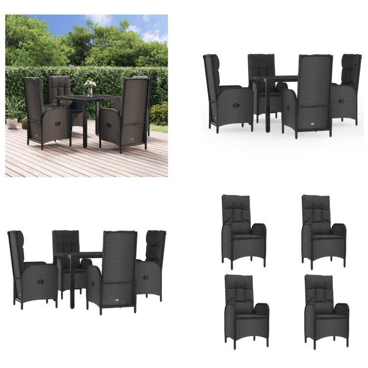 vidaXL 5-częściowy ogrodowy zestaw jadalny z poduszkami z czarnego polirattanu - ogrodowy zestaw jadalny - ogrodowe zestawy jadalne - zestaw jadalny - zestaw jadalny na taras