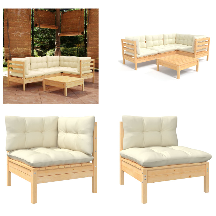 vidaXL 5-częściowy zestaw wypoczynkowy do ogrodu z kremowymi poduszkami z drewna sosnowego - Zestaw wypoczynkowy do ogrodu - Zestawy wypoczynkowe do ogrodu - Zestaw mebli ogrodowych - Zestawy mebli ogrodowych