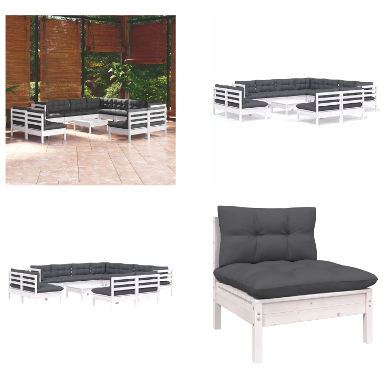 vidaXL 12-częściowy zestaw wypoczynkowy do ogrodu z poduszkami biała lita sosna - Zestaw wypoczynkowy do ogrodu - Zestawy wypoczynkowe do ogrodu - Zestawy mebli ogrodowych - Zestawy mebli ogrodowych