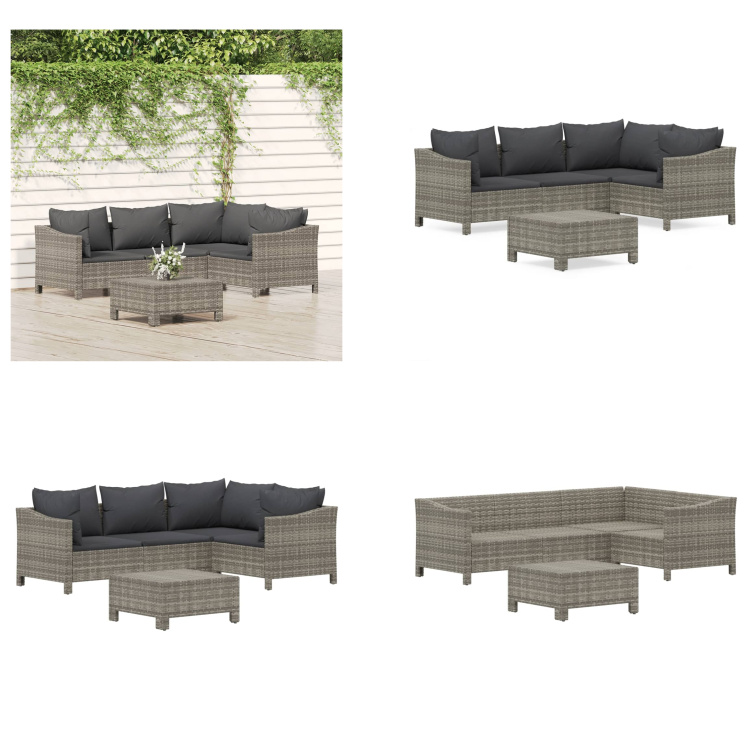 vidaXL 5-częściowy zestaw wypoczynkowy do ogrodu z poduszkami z szarego polirattanu - Zestaw wypoczynkowy do ogrodu - Zestawy wypoczynkowe do ogrodu - Zestaw wypoczynkowy - Zestaw mebli ogrodowych