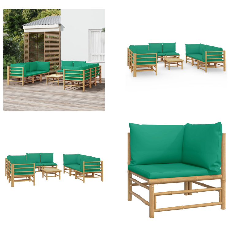 vidaXL 9-częściowy zestaw wypoczynkowy do ogrodu z zielonymi poduszkami bambusowymi - Zestaw wypoczynkowy do ogrodu - Zestawy wypoczynkowe do ogrodu - Zestaw wypoczynkowy - Zestaw mebli ogrodowych