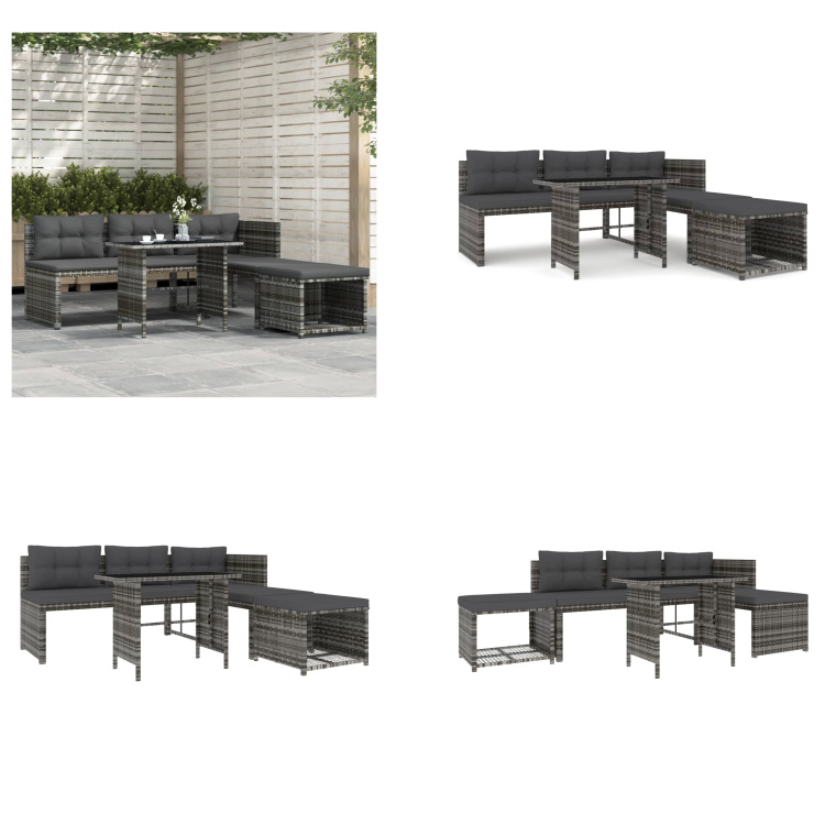 vidaXL 4-częściowy ogrodowy zestaw jadalny z poduszkami z szarego polirattanu - ogrodowy zestaw jadalny - ogrodowe zestawy jadalne - zestaw jadalny na zewnątrz - zestaw jadalny na taras